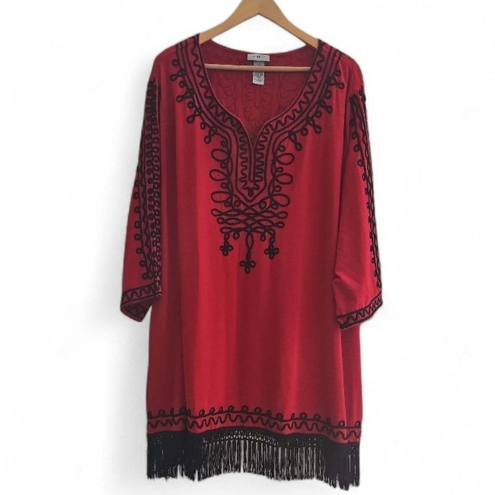Catherines Embroidered Stretch Tunic Top Fringe Hem Plus Size 4X Boho Red